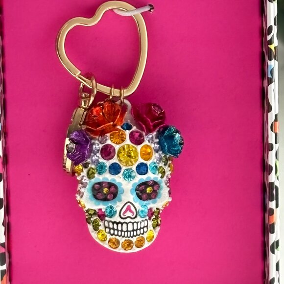 Betsey Johnson Sugar Skull Bag Charm Jeweled Fob KeyChain Day of the Dead NIB - Picture 8 of 11